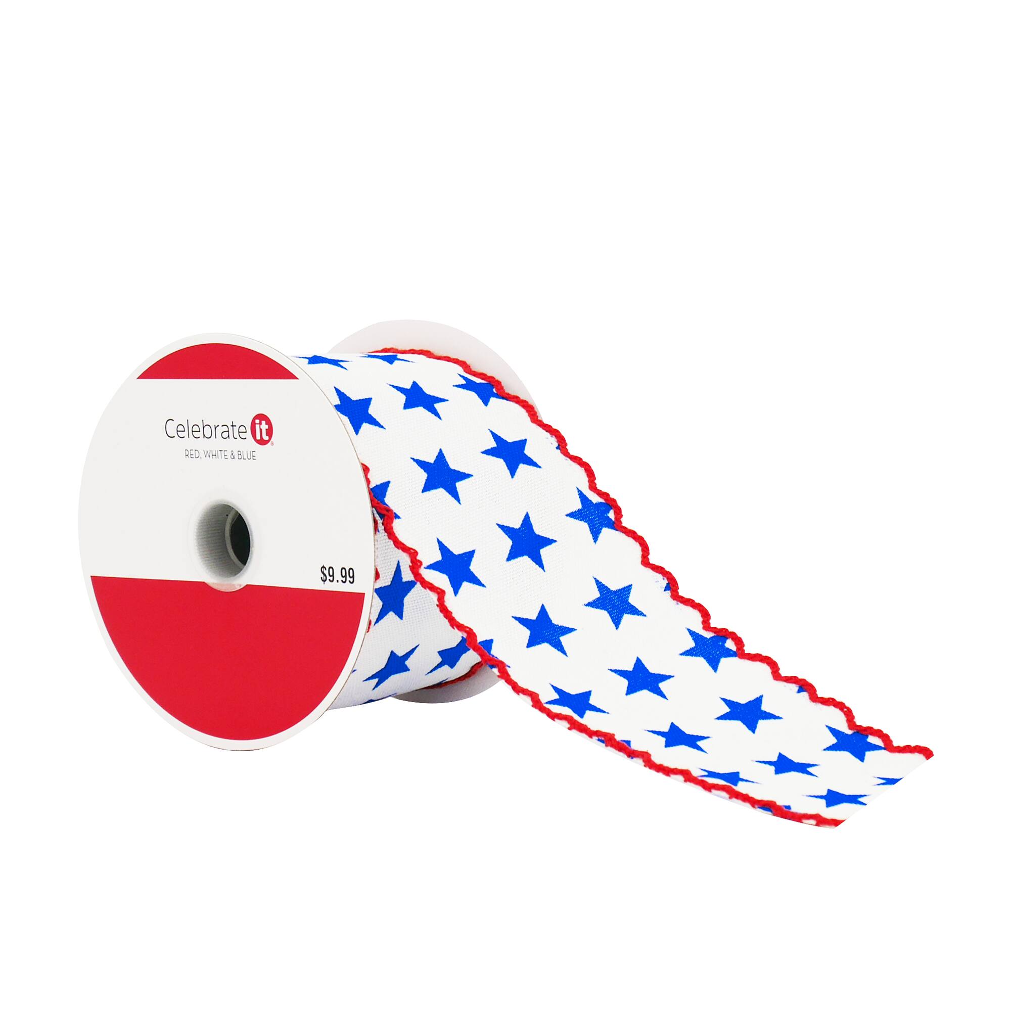 2.5" x 5yd. Blue & White Stars with Red Edge Wired Cross Linen Ribbon by Celebrate It®